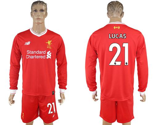 Liverpool #21 Lucas Home Long Sleeves Soccer Club Jersey - Click Image to Close